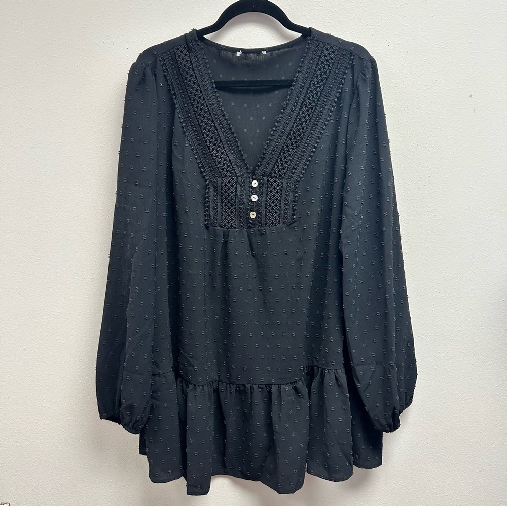 Black Plus Size Long Sleeve Blouse Lace Ruffle Detail 3X 4X Goth Dark Cottage